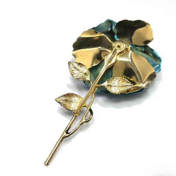 Vintage Enamel Large Flower Brooch, Turquoise Blue Green Gold, 1960s,  5" - Picture 9 of 10